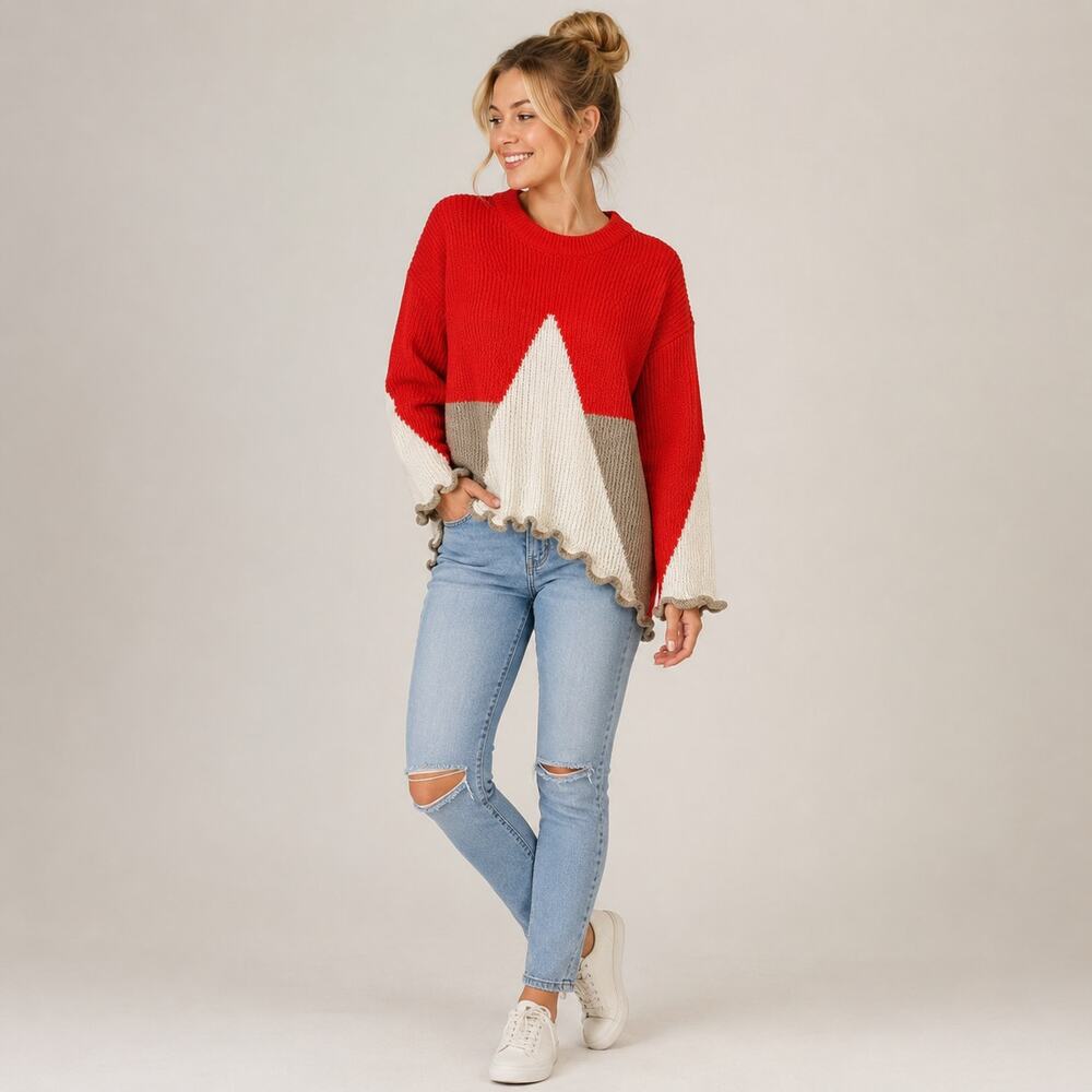 Aelfric Eden XS Red Colorblock Oversize Star Sweater Ruffle Hem Y2K Indie Chunky